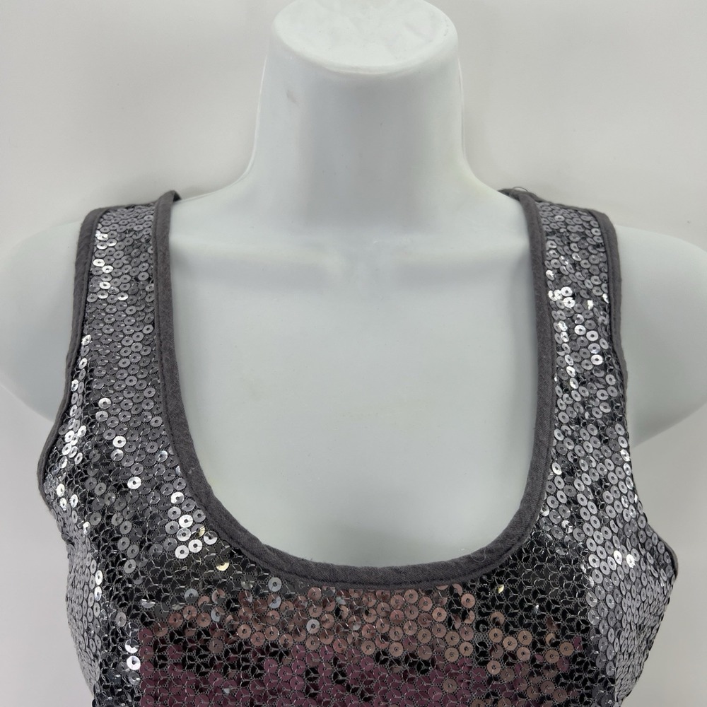 Sequin Tank Top Sz M Y2K Max Rave NYE McBling Going out Gray Fitted Glam USA - Picture 4 of 10
